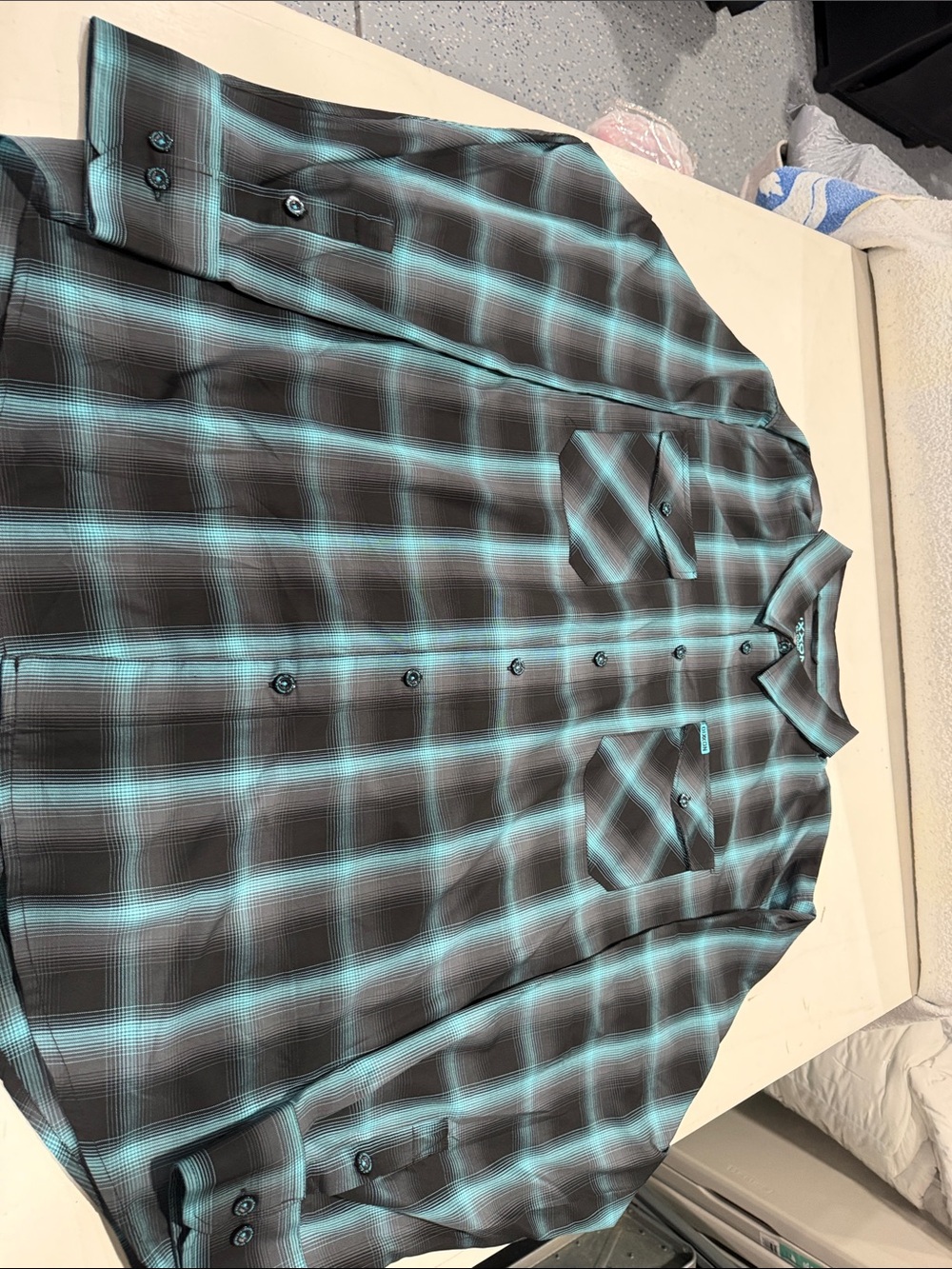 DIXXON Men's Teal and Black Plaid Button-Down Shirt
